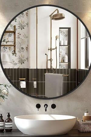 22 Inch Black Round Circle Mirror for Wall,Modern Bathroom Mirrors with Simple Metal Frame, Entryway, Bedroom Vanity, Living Room, Hallway Decor (Matte Black, Wall Mounted)