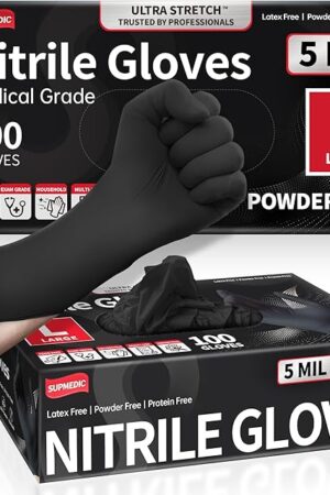 Disposable Nitrile Gloves, 5Mil Chemical Resistant Powder-Free Latex-Free Glove Exam Cook Tattoo, Black Blue 100Pcs