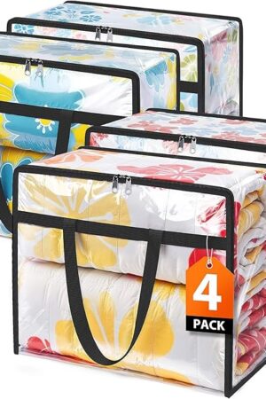 Clear Clothes Storage Bags, 4 Pack Closet Organizers and Under Bed Storage Containers, Foldable Moving Bags with Zippers for Comforter, Blanket, Bedding, Duvet, PVC Packing Bags 40L