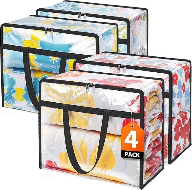 Clear Clothes Storage Bags, 4 Pack Closet Organizers and Under Bed Storage Containers, Foldable Moving Bags with Zippers for Comforter, Blanket, Bedding, Duvet, PVC Packing Bags 40L