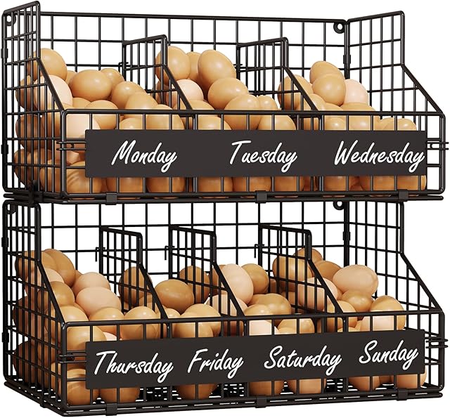 keomaisyto Fresh Egg Holder with 5 Dividers to Separate Eggs for a Week, 2 Tier Stackable Wire Baskets for Gathering Eggs, XXL Egg Rack for Countertop/Wall-Mounted, With DIY Labels (Patent Pending)