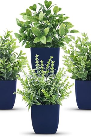 Der Rose 4 Pack Small Fake Plants Artificial Plants Indoor Office Desk Accessories for Aesthetic Room Decor Blue Bathroom Decor