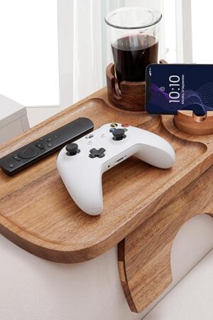 Acacia Wood Couch Arm Tray,3 in 1 Large Clip on Couch Arm Table with 360° Rotated Phone Holder and Cup Holder, 15.35"x9.85"