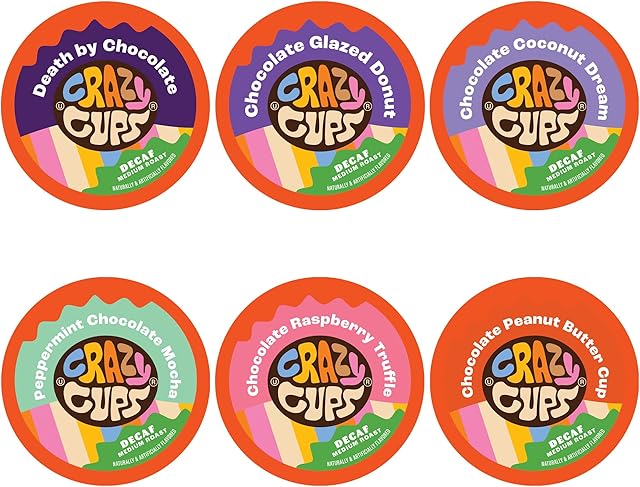 Crazy Cups Decaf Chocolate Coffee Pods Variety Pack, Chocolate Flavored Decaf Coffee For Keurig K Cup Machines, (Pack of 1, 24 Count Total)