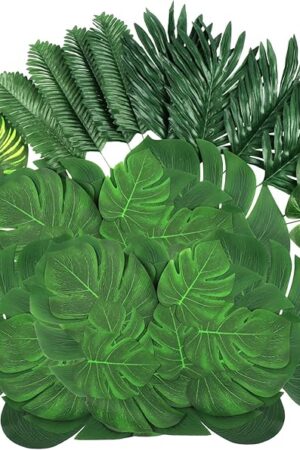 108 Pieces 7 Kinds Artificial Tropical Leaf Jungle Leaves Plant Safari Leaves Decorations Fake Palm Leaf with Stems for Hawaiian Luau Party Table Beach Birthday Wedding Theme Party Decorations