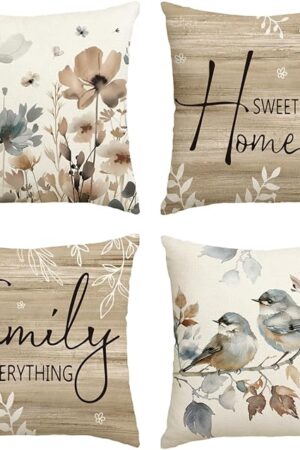 AVOIN colorlife Chinoiserie Poppy Flowers Chickadee Spring Home Sweet Home Throw Pillow Covers, 18 x 18 Inch Fall Autumn Family is Everything Decorations for Sofa Couch Set of 4