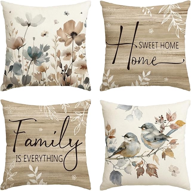 AVOIN colorlife Chinoiserie Poppy Flowers Chickadee Spring Home Sweet Home Throw Pillow Covers, 18 x 18 Inch Fall Autumn Family is Everything Decorations for Sofa Couch Set of 4