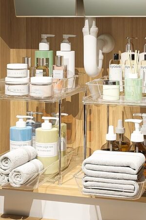 2 Tier Clear Bathroom Cabinet Organizer Under Sink Organizers Storage Medicine Cabinet Organizer for Kitchen Pantry Shelf Cupboard Closet Vanity