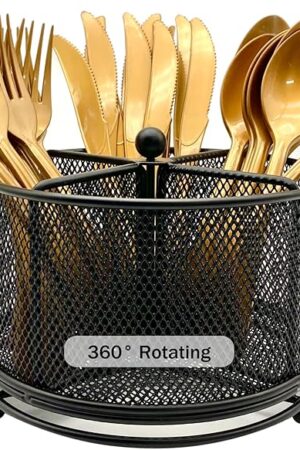 360° Rotating Metal Utensil Caddy - 4 Compartment Silverware Cutlery Holder Rotation Fork Spoon Napkin Organizer Flatware Storage Basket Party Countertop Buffet Picnic Camping Outdoor Black