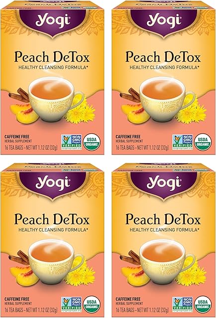 Yogi Tea Peach DeTox - 4 Packs (16 Bags per Pack) - Organic DeTox | Feel Refreshed | With Burdock Root | Contains Cinnamon Bark | Ginger Root & Cardamom | Dandelion Root & More