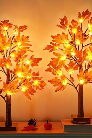 2 Pack 24 Inch Artificial Fall Prelit Maple Tree, 48LED Thanksgiving Decoration Maple Tree Battery Operated Lighted Pumpkin Tabletop Light Up Tree for Fall Home Indoor Autumn Harvest Thansgiving Decor