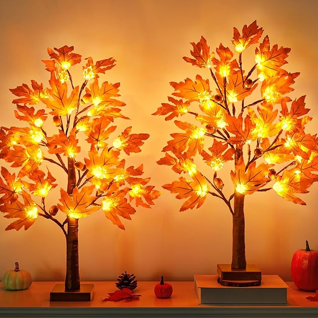 2 Pack 24 Inch Artificial Fall Prelit Maple Tree, 48LED Thanksgiving Decoration Maple Tree Battery Operated Lighted Pumpkin Tabletop Light Up Tree for Fall Home Indoor Autumn Harvest Thansgiving Decor