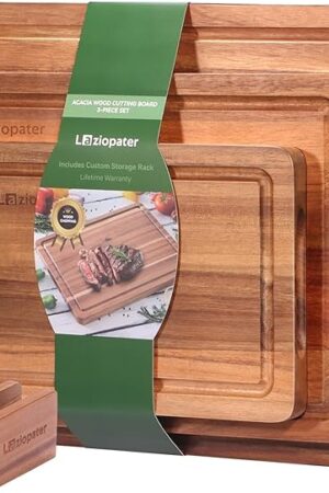 Acacia Wood Cutting Board，Solid Wood Cutting Board for Kitchen with Holder with Deep Juice Grooves & Built-in Handles, Durable Wooden Chopping Board Set of 3 for Meat, Vegetables and Fruits
