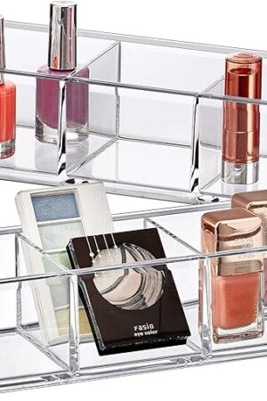 Amazing Abby Glamour Acrylic Makeup Organizer 2-Pack, 3-Compartment Transparent Lipstick Holder for Lipsticks Nail Polishes