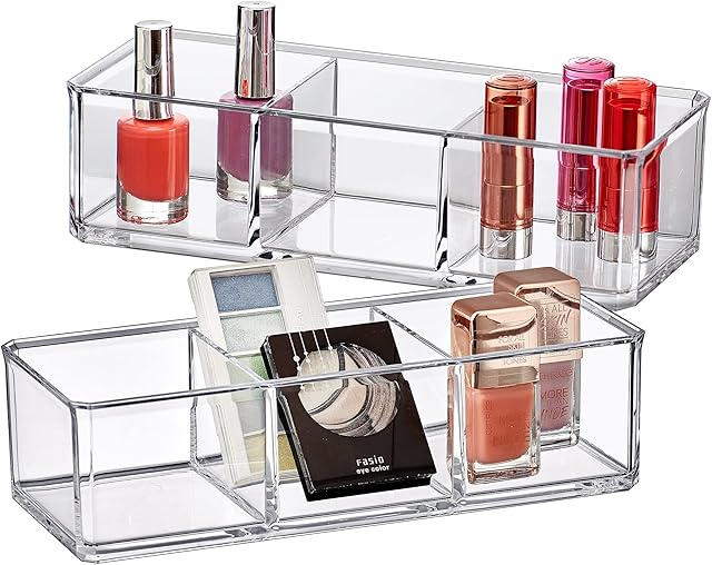 Amazing Abby Glamour Acrylic Makeup Organizer 2-Pack, 3-Compartment Transparent Lipstick Holder for Lipsticks Nail Polishes