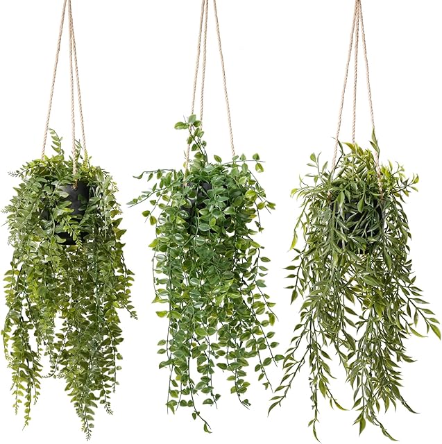 3 Packs Fake Hanging Plants with Pots, 20" Fake Vines for Wall Decor, Fake Fern Plants Mandala Vine, Artificial Plants Indoor/Outdoor for Home Bathroom Bedroom Kitchen Office Room Decor