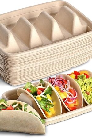 24PCS Disposable Taco Holders for Party, Premium Paper Taco Plates with 3 Dividers, Fiesta Tacos Holder Tray for Taco Tuesday Bar Serving Set, Decorations Supplies