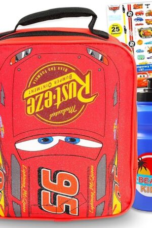 Disney Cars Lunch Box for Boys, Kids - Bundle with Insulated Lightning McQueen Lunch Bag Plus Tattoos, Water Bottle, Tattoos, More | Disney Cars School Supplies Set