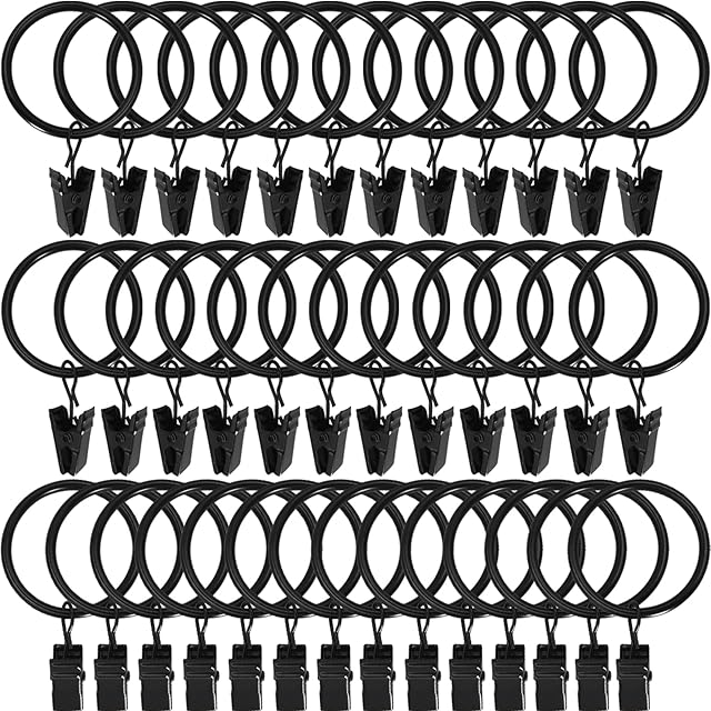 44 Pack Black Curtain Rings with Clips, Curtain Hooks Hangers Clip Rings for Hanging Drapes Bows Hat, Drapery Rings 1 in I D, Fits up to 5/8 in Diameter Curtain Rod.