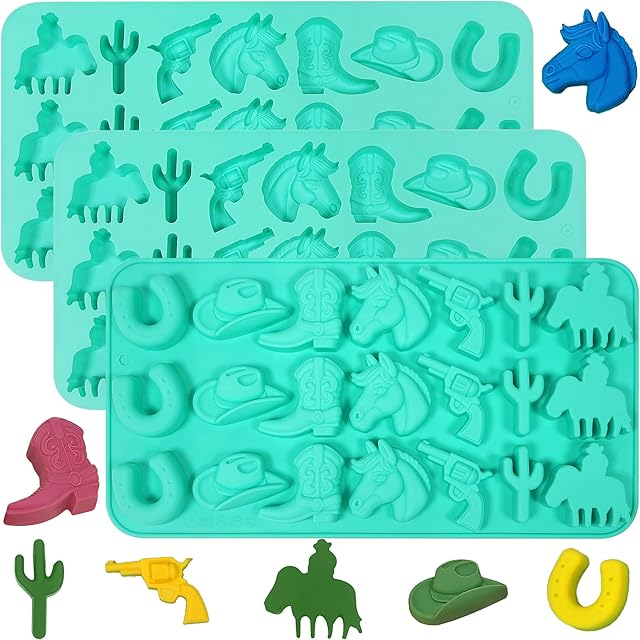 Cowboy Chocolate Molds, Western Themed Silicone Chocolate Molds with Cowboy Hat, Boot, Cactus & Horse, Cowboy Silicone Baking Molds for Candy, Ice Cube, Cupcake, Cake Decoration, 3Pack