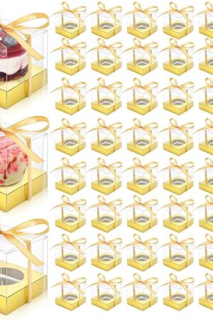 48 PCS Clear Plastic Cupcake Boxes, 3.5 Inches Individual Cupcake Holder with Ribbons Inserts, Disposable Single Ornament Gift Box Party Favor Containers for Wedding Baby Shower Party