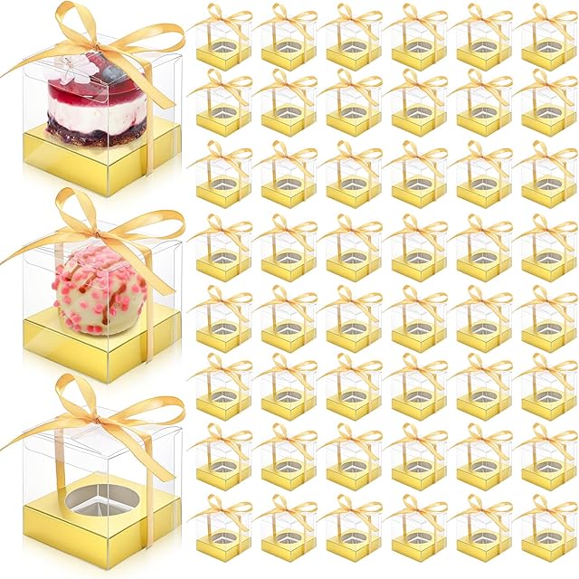48 PCS Clear Plastic Cupcake Boxes, 3.5 Inches Individual Cupcake Holder with Ribbons Inserts, Disposable Single Ornament Gift Box Party Favor Containers for Wedding Baby Shower Party
