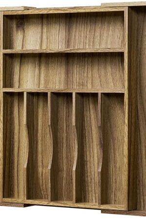 Acacia Wood Kitchen Silverware Drawer Organizer, Expandable Utensil Cutlery Drawer Organizer with Dividers, Flatware Organizer Silverware Tray for Spoon, Fork, 13''-20''x16.9'' (7-9 Slots)