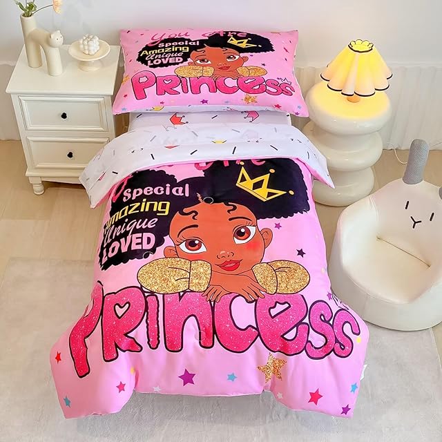 4 Piece Toddler Bedding Set for Girls,Toddler Black Girl Magic Comforter Set,Black Princess Toddler Bed Comforter Set Includes Comforter, Flat Sheet,Fitted Sheet,Pillowcase