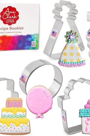 Birthday Cookie Cutters 5-Pc. Set Made in USA by Ann Clark, Balloon, Birthday Hat, Cake, Present, Confetti