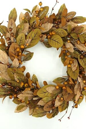 20'' Fall Wreath Autumn Wreath for Front Door with Brown Magnolia Leaves and Small Pomegranate Fruits for Home Outdoor Farmhouse Porch Wall Window Decoration,Brown Gift Box Included