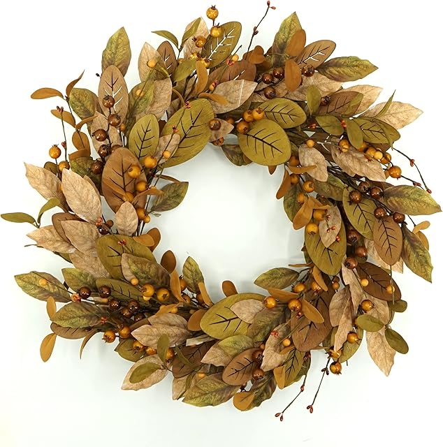 20'' Fall Wreath Autumn Wreath for Front Door with Brown Magnolia Leaves and Small Pomegranate Fruits for Home Outdoor Farmhouse Porch Wall Window Decoration,Brown Gift Box Included