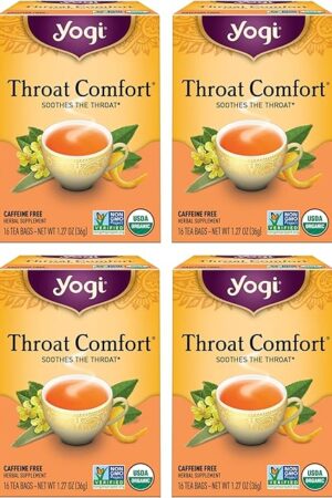 Yogi Tea Throat Comfort - 16 Bags per Pack (4 Packs) - Herbal Tea for Throats - Organic Throat Soothing - Includes Licorice Root, Wild Cherry Bark, Slippery Elm Bark & More