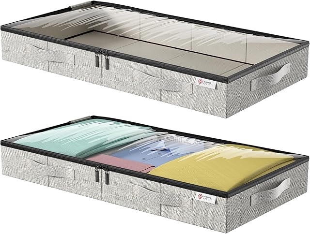 Under Bed Storage Containers,Underbed Storage 4.5 Inches Low Profile with Sturdy Sidewalls/Bottom for Clothes, Blanket, Pillows and Shoes,Storage Organizer with Lids, Under the Bed Storage Bags 2Pack