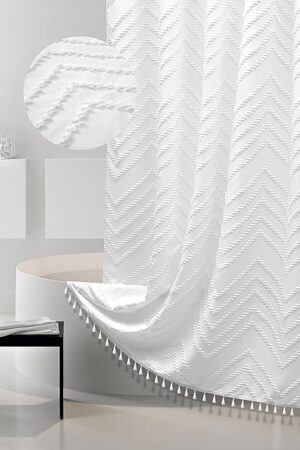 White Shower Curtain Fabric Boho Shower Curtain Cloth Textured Tufted Chevron Elegant Shower Curtains Waterproof for Bathroom 72" x 72"