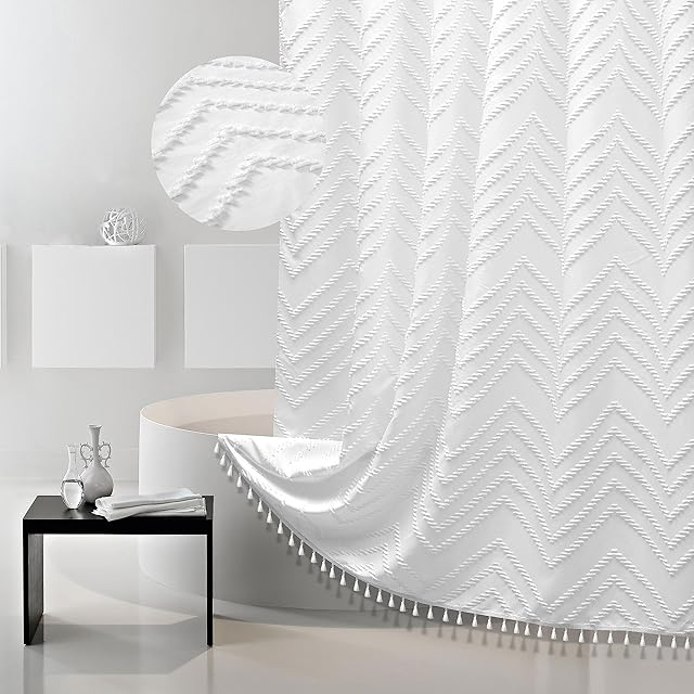 White Shower Curtain Fabric Boho Shower Curtain Cloth Textured Tufted Chevron Elegant Shower Curtains Waterproof for Bathroom 72" x 72"