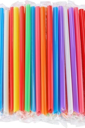 300 Pcs Multi Colors Jumbo Smoothie Boba Straws,Plastic Milkshake Disposable Wide-mouthed Large Individually Wrapped Straws(0.43" Wide X 9.45" Long)