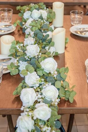 6FT Artificial Eucalyptus Garland with Flowers, 10 White Roses Baby Breath Garland Floral Greenery for Wedding Party Centerpiece Table Runner Backdrop Wall Decor Decoration