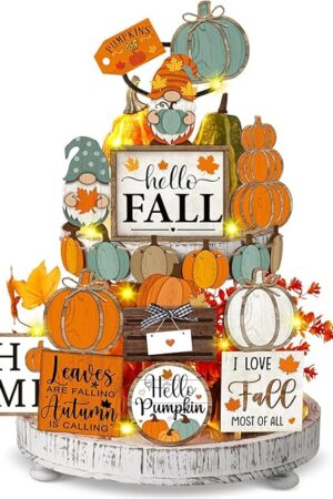 21 Pcs Fall Tiered Tray Decoration Set Thanksgiving Table Sign Pumpkins Farmhouse Decor Gnome Maple Leaves Centerpieces Harvest Wood Blocks Signs Fall Block Tabletop for Autumn(Pumpkin)