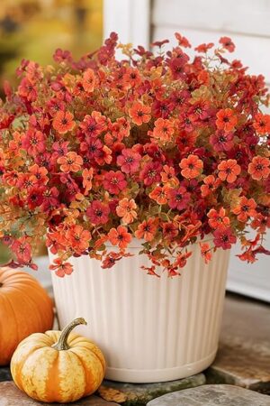 12 Bundles Fake Mums Fall Flowers Artificial for Outdoors Decoration Artificial Mums Faux Plants Daisy for Outdoor Outside Planters UV Resistant Violets for Fall Decor Home Porch Door Front Patio Yard