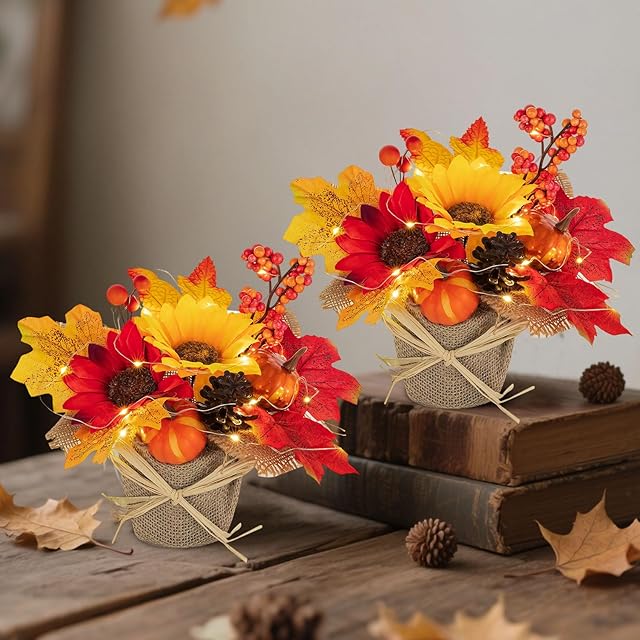 BLOSMON Fall Flowers Artificial for Decoration: 2 Pcs Fake Autumn Sunflowers for Home Table Centerpiece Decor with Light Timer - Faux Silk Thanksgiving Floral Arrangements