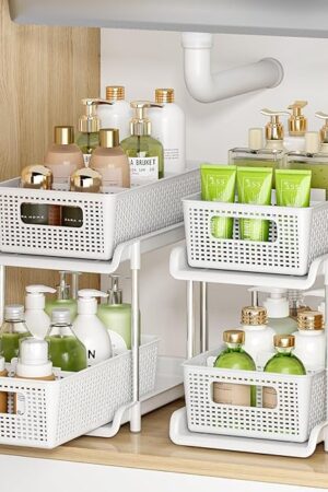 Bathroom Organizer with Dividers, 2Pcs 2 Tier Stackable Under Sink Organizers and Storage Cabinet Organizers for Bathroom Kitchen Pantry Organization and Storage, Medicine Cabinet Organizer