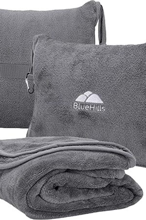 BlueHills Premium Soft Travel Blanket Pillow Airplane Flight Blanket Throw Bag Pillowcase Compact Large 2 in 1 Combo Warm Traveling Plane Essentials Portable Gifts Lightweight Grey Gray T007