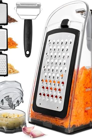 Cheese Grater with Garlic Crusher- Box Grater Vegetable Shredder with 3 Stainless Steel Blades - Graters for Kitchen- Cheese Graters with Handle - Garlic Mincer Tool and Vegetable Peeler