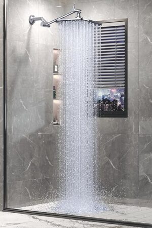 Veken 11.8" Rain Shower Head, Rectangular Rainfall Showerhead with 11" Stainless Steel Exension Arm, Height & Angle Decor Adjustable, High Pressure Showheads, Bathroom Accessories, 2.5GPM Chrome