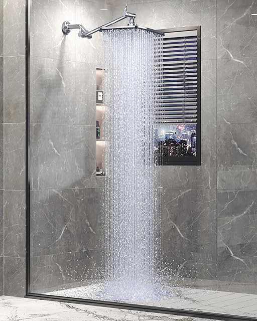 Veken 11.8" Rain Shower Head, Rectangular Rainfall Showerhead with 11" Stainless Steel Exension Arm, Height & Angle Decor Adjustable, High Pressure Showheads, Bathroom Accessories, 2.5GPM Chrome