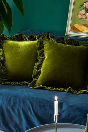 Velvet Throw Pillow Cover Soft Decorative Luxurious Solid Square Cushion Case for Sofa Couch Bedroom Farmhouse,Pack of 2, 18 x 18 Inches, Olive Green