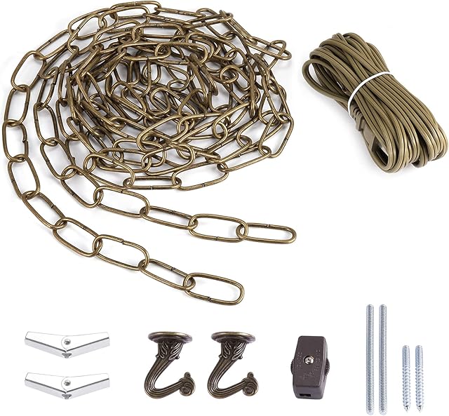 Canomo Swag Lighting Kit with 12 Feet Chandelier Chain and 15 Feet Cord, Instructions Included for Chandelier, Pendant Light, Antique Brass