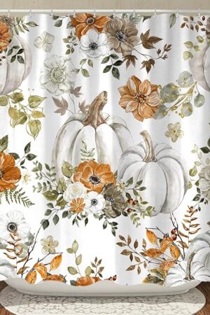 Cute Fall Pumpkin Shower Curtain, Autumn Thanksgiving Watercolor Teal Pumpkin Fabric Shower Curtains Set for Bathroom Decoration with Hooks 72 X 72 Inch Yellow Boho Gold Leaves Holiday Bath Decor