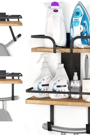VINAEMO Ironing Board Hanger Wall Mount, 2-Layer Iron and Ironing Board Holder, Laundry Room Shelves Solid Wood with Removable Hooks Home Organization and Storage