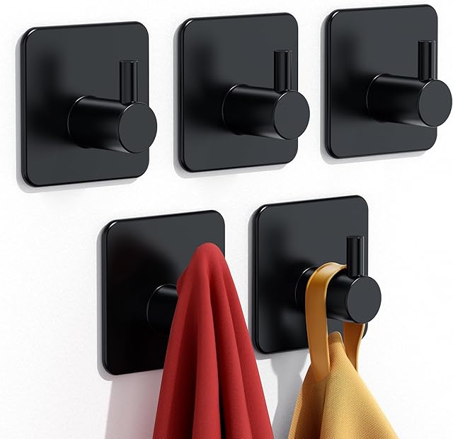 Adhesive Hooks Heavy Duty 30lb(Max) Wall Hooks, 5 Pack Self Adhesive Damage Free Towel Rack, Stainless Steel for Coat Robe, Waterproof Oilproof Rustproof for Bathroom Shower Kitchen Office